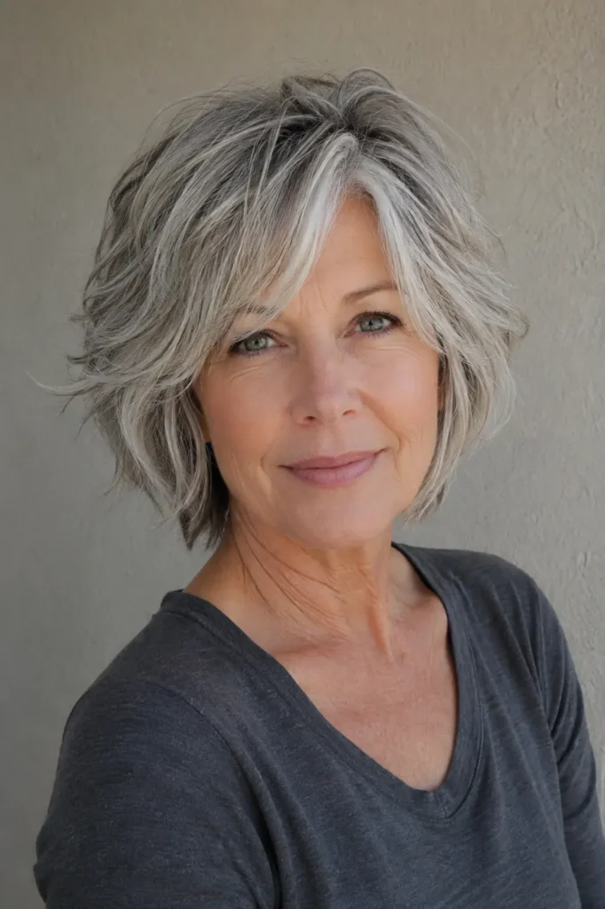 lder white woman in her early 60s with a sophisticated shaggy layered bob in dimensional silver-gray hair, featuring airy crown layers, soft face-framing pieces, and naturally textured ends.