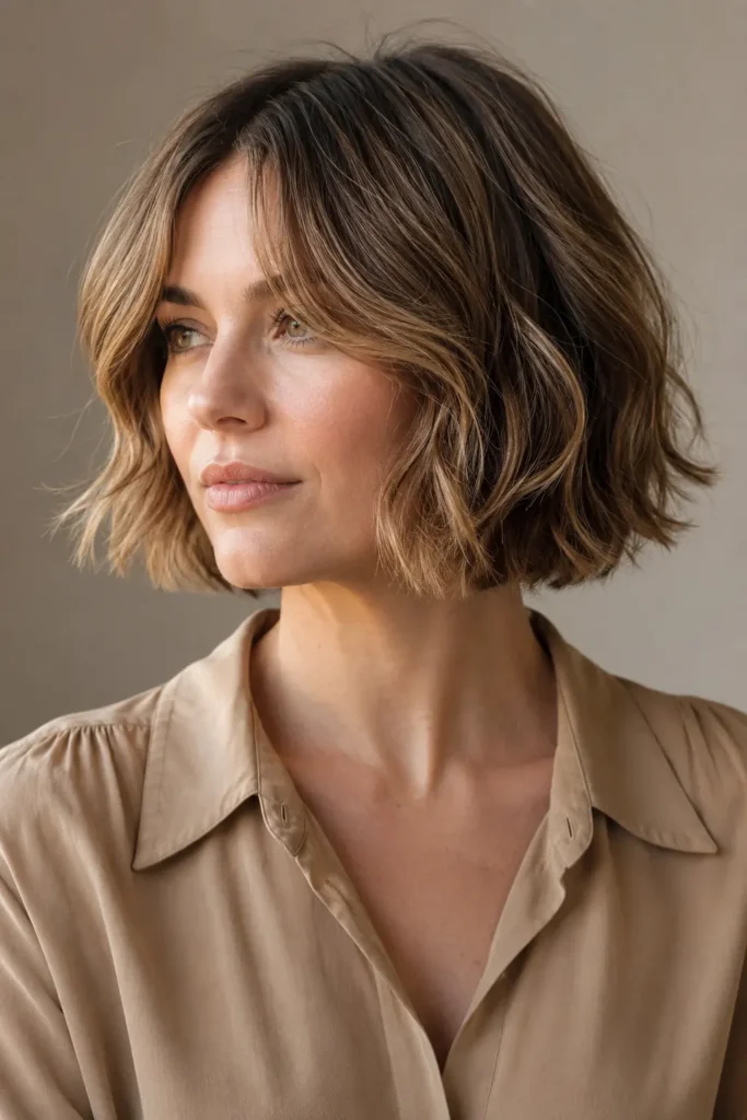a white woman in her late 20s with a chin-length wavy dark blonde bob and soft curtain bangs, wearing a warm beige blouse.