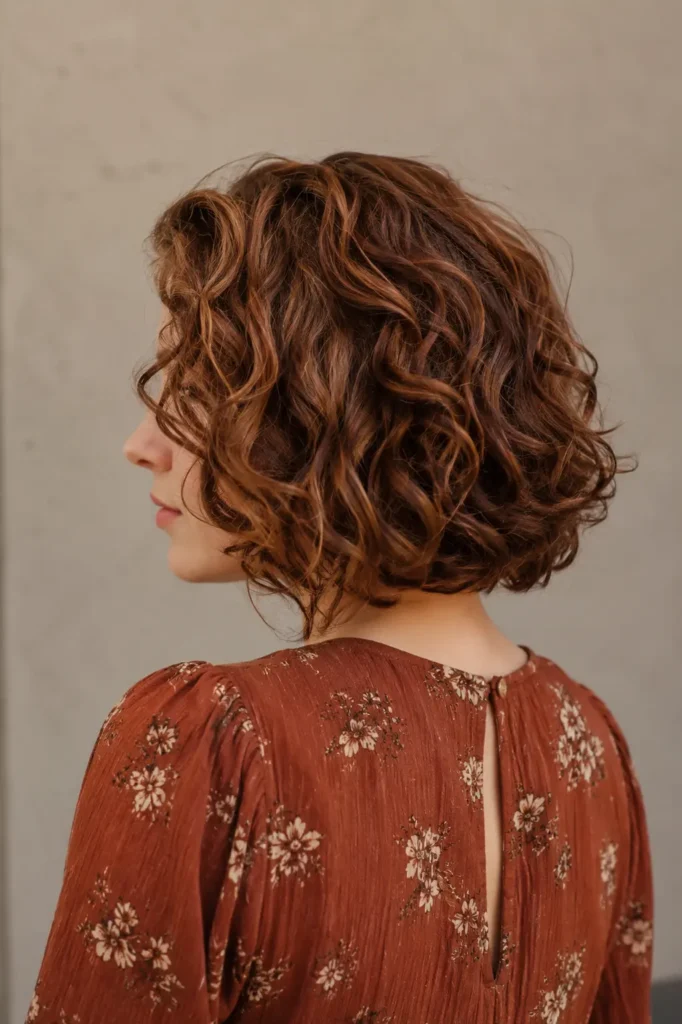 woman in her late 20s with a warm chestnut brown curly bob ending at the chin, featuring naturally defined loose-to-medium curls, realistic texture, and soft volume, shown from a three-quarter rear-side view in a fall dress.