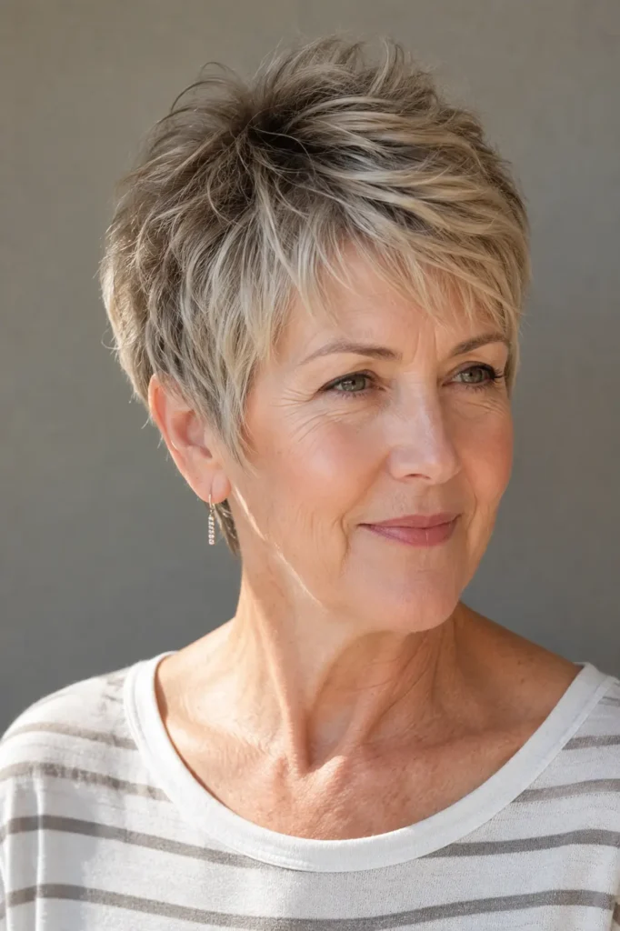 woman in her early 60s with a short feathered pixie haircut for thin hair, featuring layered crown, softly tapered sides, textured top, and natural lift, shown in three-quarter view with realistic fine hair strands and natural mature skin texture.