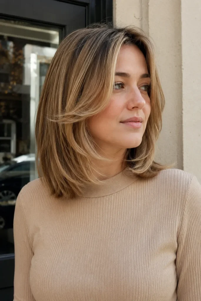 white woman in her late 20s with straight dark blonde, shoulder-length layered hair featuring delicate face-framing layers around the cheekbones and jaw, soft outward movement, and subtle dimensional highlight