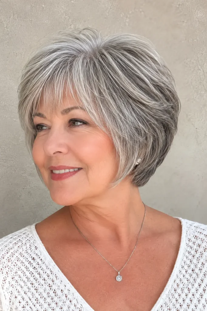Photorealistic woman with a short layered bob haircut featuring a full, voluminous crown and softly textured layers.