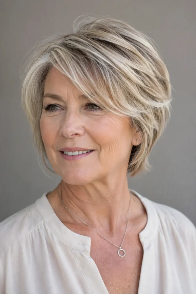 a white woman around 60 with a short layered haircut for thin hair, featuring a flattering side part, lifted crown, textured top, softly tapered sides, and a fuller-looking silhouette, shown in three-quarter view with natural mature skin texture and fine hair strands.