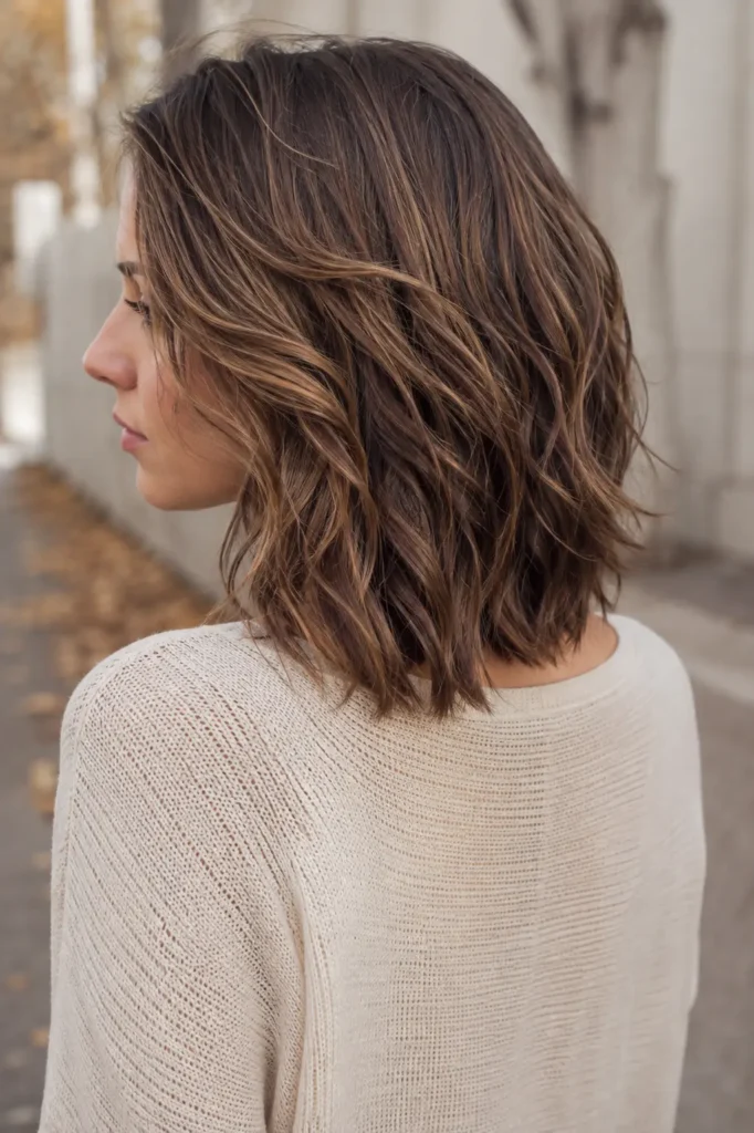woman with a short layered brunette lob, soft loose waves, and warm highlights, viewed from behind in autumn light.