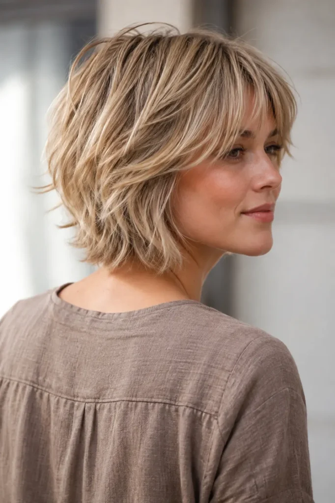 a white woman in her late 20s with a short shaggy blonde bob, feathered layers, wispy ends, soft natural volume, tousled texture, and subtle curtain fringe, shown from a three-quarter rear angle in a taupe linen-blend top.