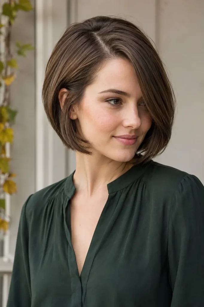 woman in her late 20s with a short smooth medium-brown side-parted bob, subtle root volume, softly curved ends, and natural shine, wearing a dark green blouse in soft autumn daylight.