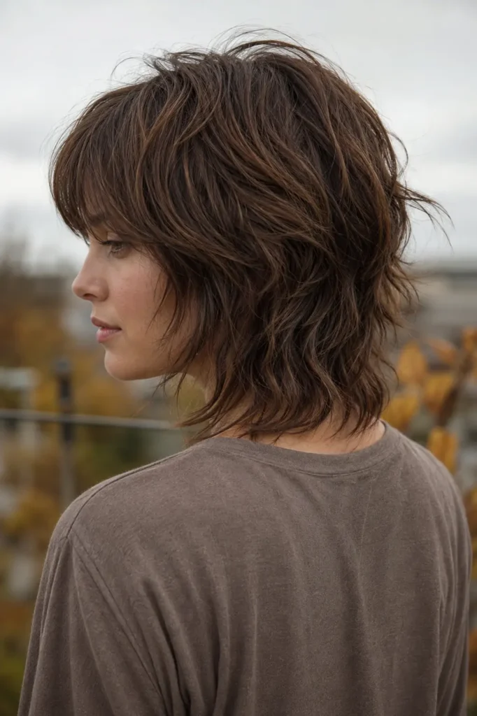 woman in her late 20s with a short textured medium-brown wolf cut, feathered layers and wispy ends, shown from a three-quarter rear angle in soft autumn daylight.