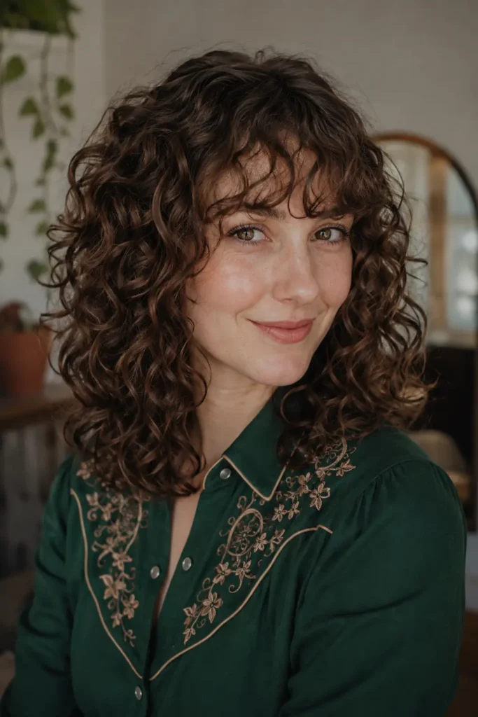 a white woman in her late 20s with shoulder-length natural curls and delicate wispy curly bangs, wearing a forest-green Western-style dress in soft natural daylight.