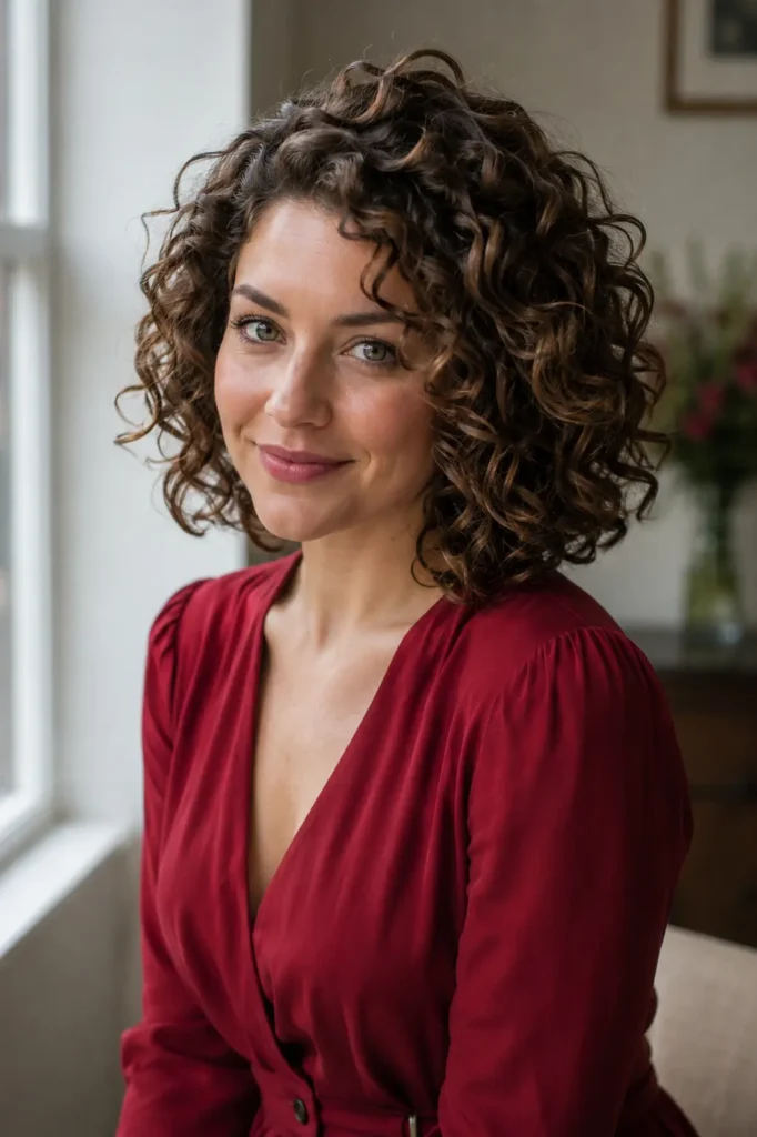 woman with a shoulder-length curly bob featuring voluminous defined curls and natural texture, shown in a three-quarter front view.