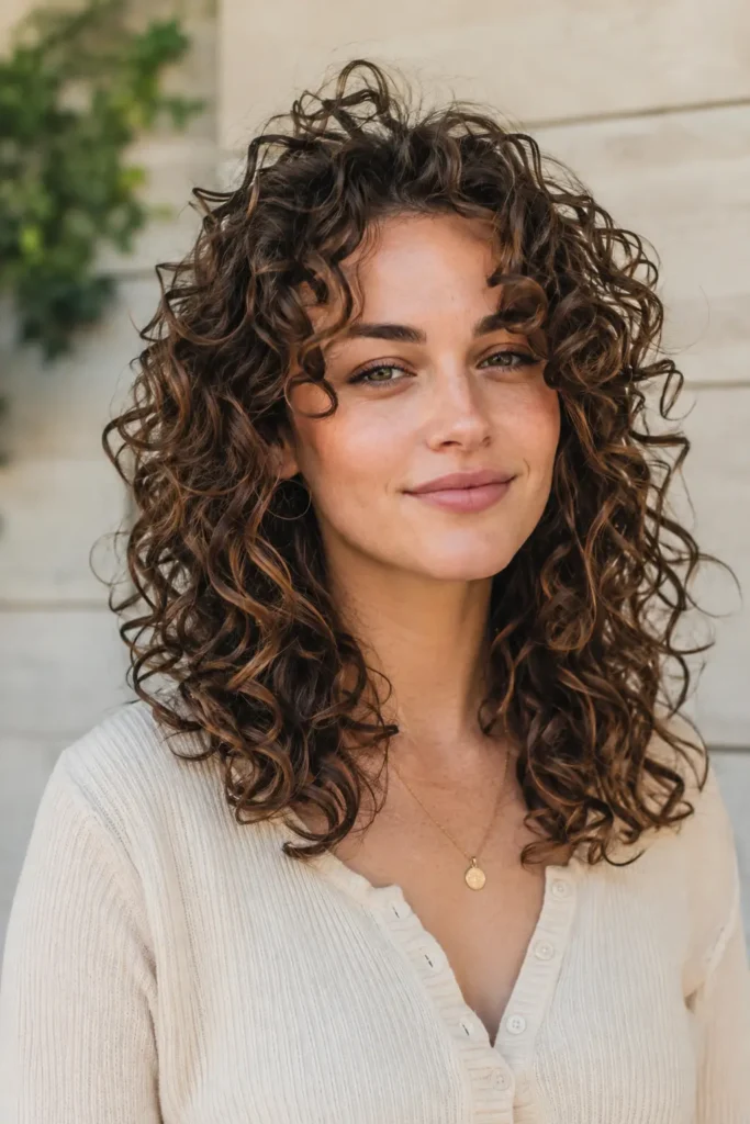 white woman with shoulder-length curly butterfly layers, airy face-framing curls, and defined natural curl clusters cascading toward the shoulders in bright soft natural daylight.