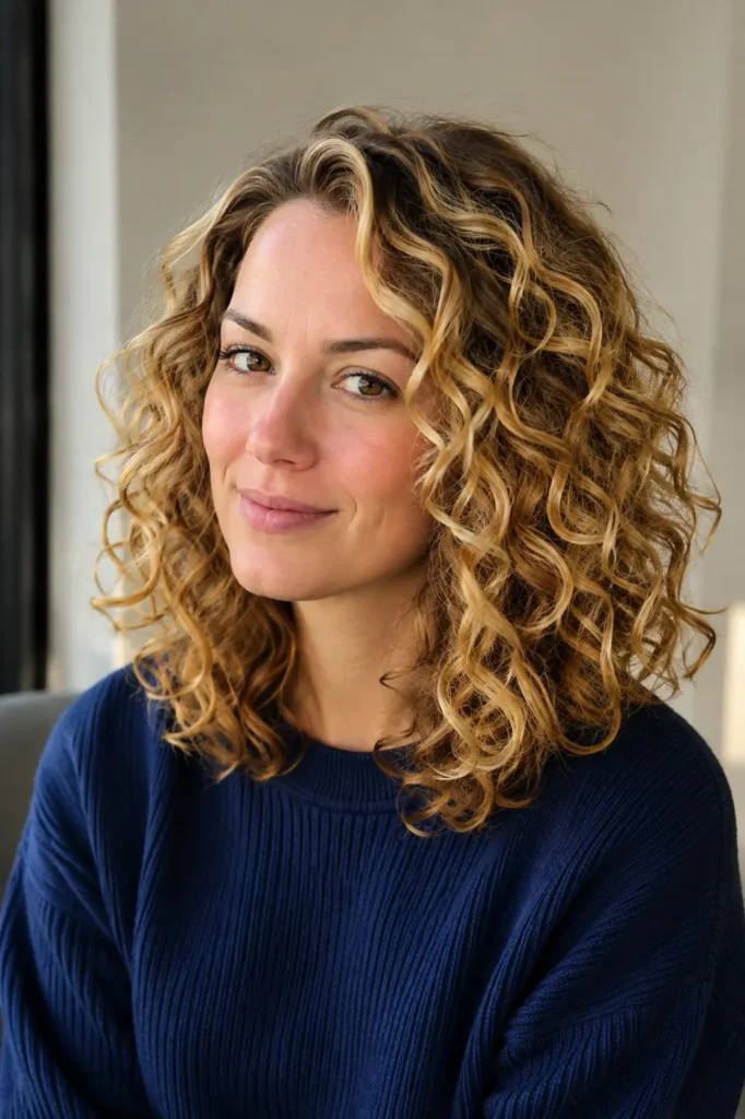 white woman with shoulder-length defined curls and honey-blonde balayage highlights, wearing a navy-blue top in soft natural daylight.