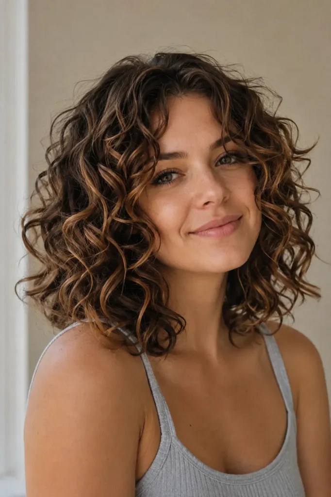 a white woman in her late 20s with shoulder-length brunette curls and rich caramel highlights, shown in three-quarter view with natural texture and warm daylight.