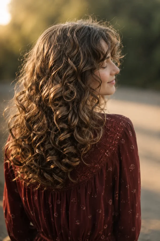 woman in her late 20s with shoulder-length layered curls, defined natural curls and soft movement, shown from a three-quarter rear angle in a burgundy top with warm golden daylight outdoors.