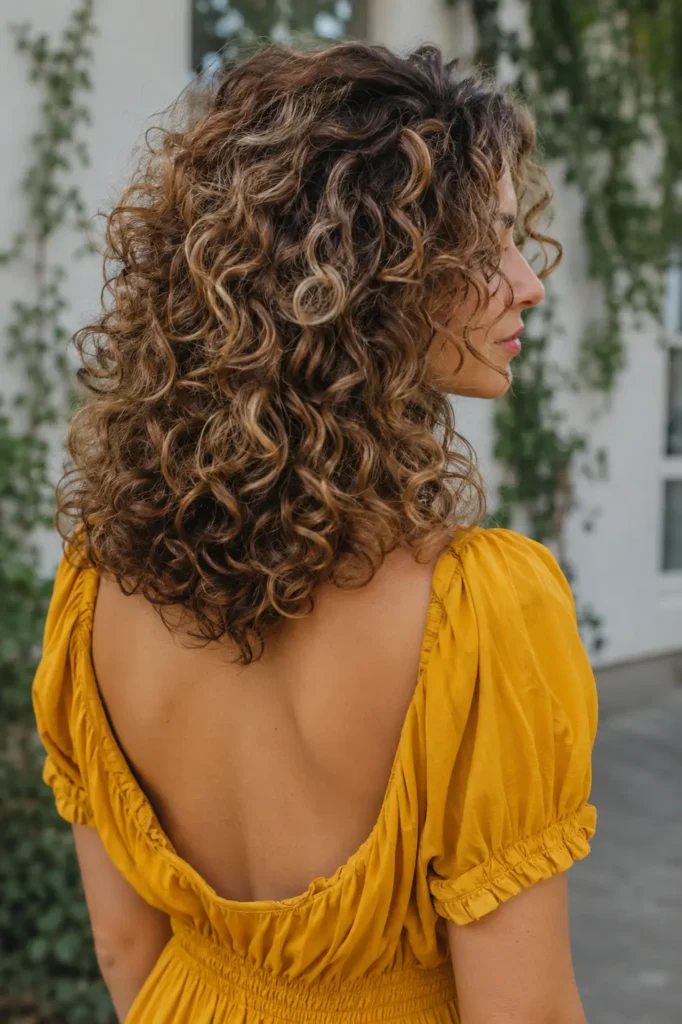 Photorealistic three-quarter rear view of a white woman in her late 20s with naturally voluminous shoulder-length curls, lifted roots, and abundant soft curls surrounding her shoulders, wearing a bright mustard-gold Western-style dress outdoors in natural daylight.