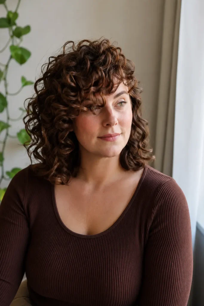 woman with shoulder-length natural curls and long side-swept curly bangs, wearing a chocolate-brown top in soft natural window light.