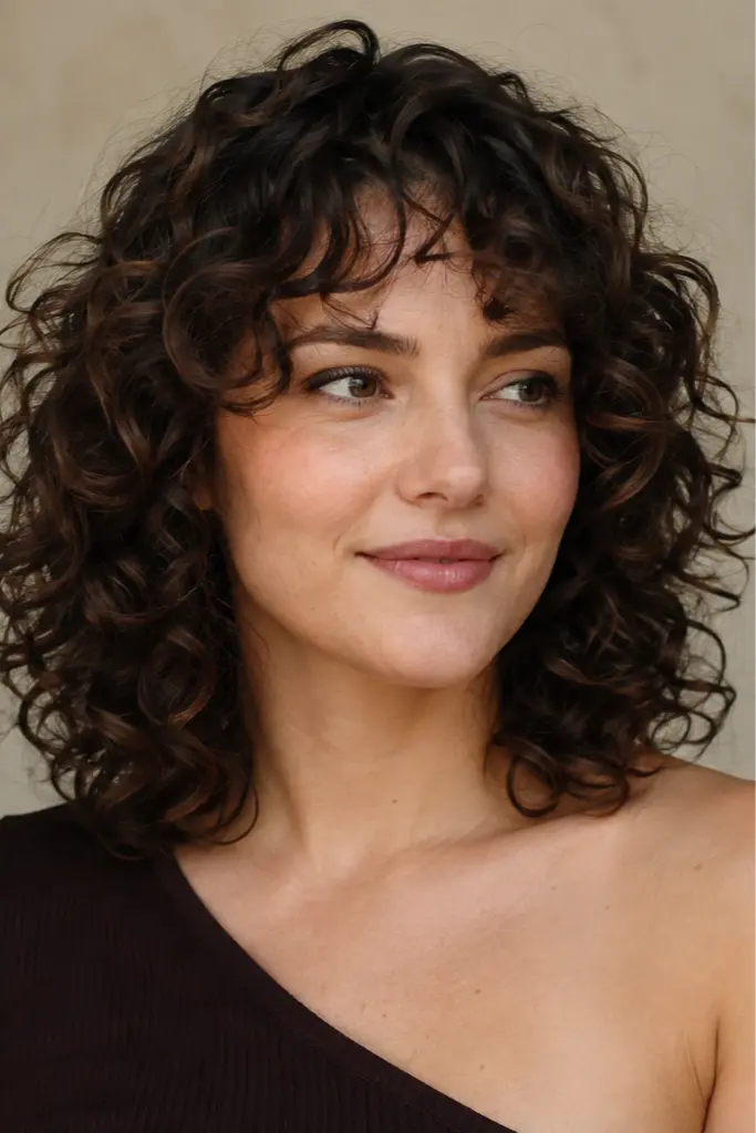 woman with shoulder-length layered curly brown hair, natural defined curls, and soft movement, wearing a one-shoulder top in soft natural daylight.