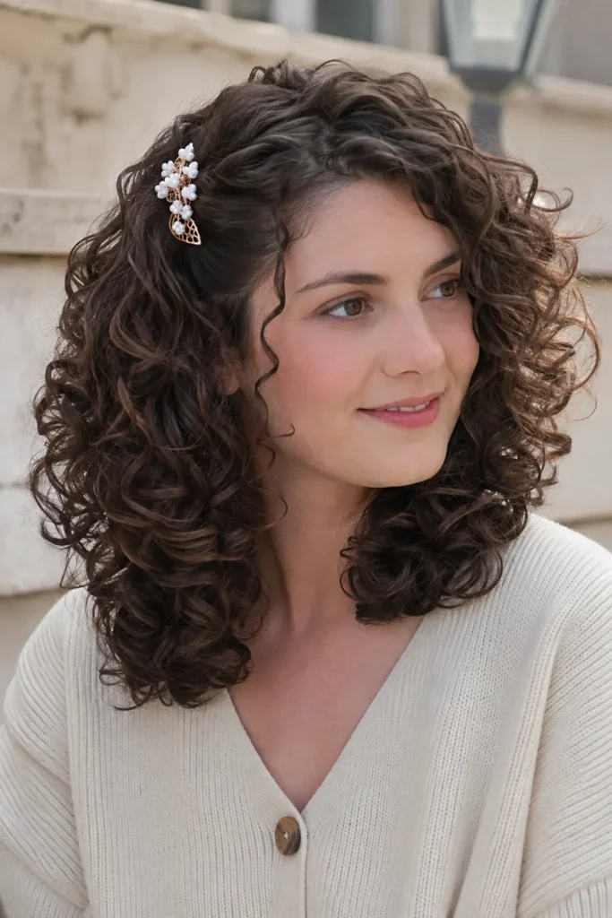 woman with shoulder-length defined curls, one side pinned back with a delicate vintage hair clip, natural face-framing ringlets, and voluminous curls cascading over her shoulders in soft daylight.
