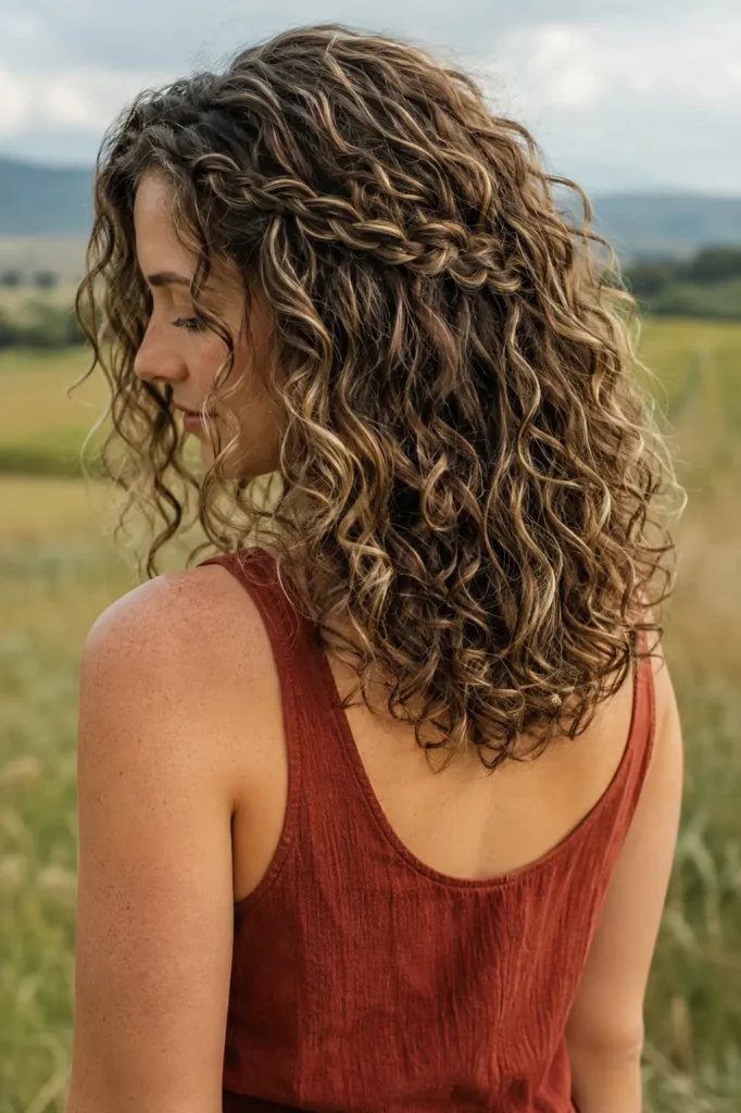 woman with shoulder-length defined curls and a delicate side braid, viewed from a three-quarter rear angle, wearing a rust-red sleeveless top in a countryside setting.