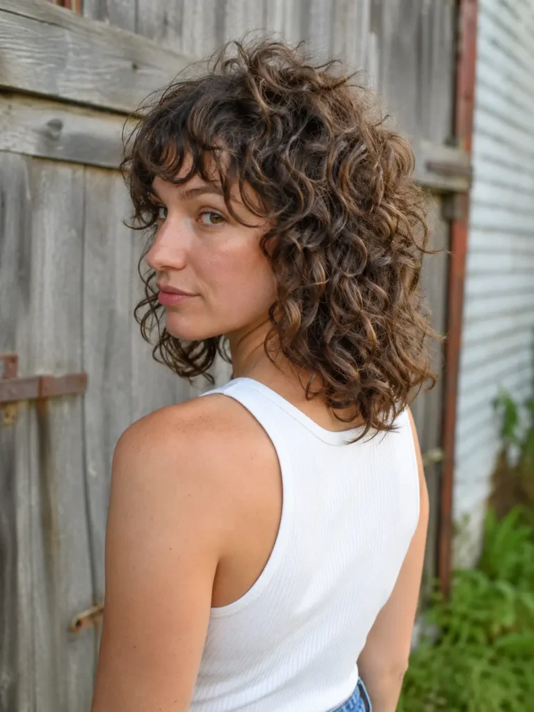 woman in her late 20s with a shoulder-length curly wolf cut, featuring dramatic short textured crown layers and longer defined curls falling toward the shoulders, photographed from a three-quarter rear angle in soft natural daylight against a rustic neutral outdoor background.