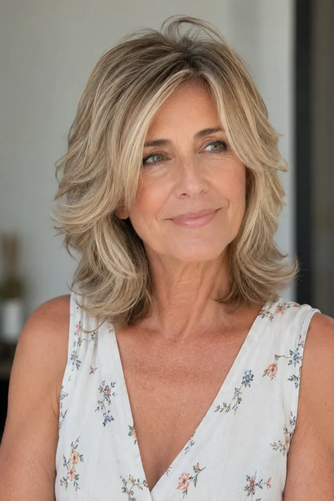 woman in her late 50s with shoulder-length feathered layers for thin hair, airy face-framing layers, soft flipped ends, natural root volume, and realistic fine hair strands, shown in a three-quarter front view with natural mature skin texture and soft daylight.