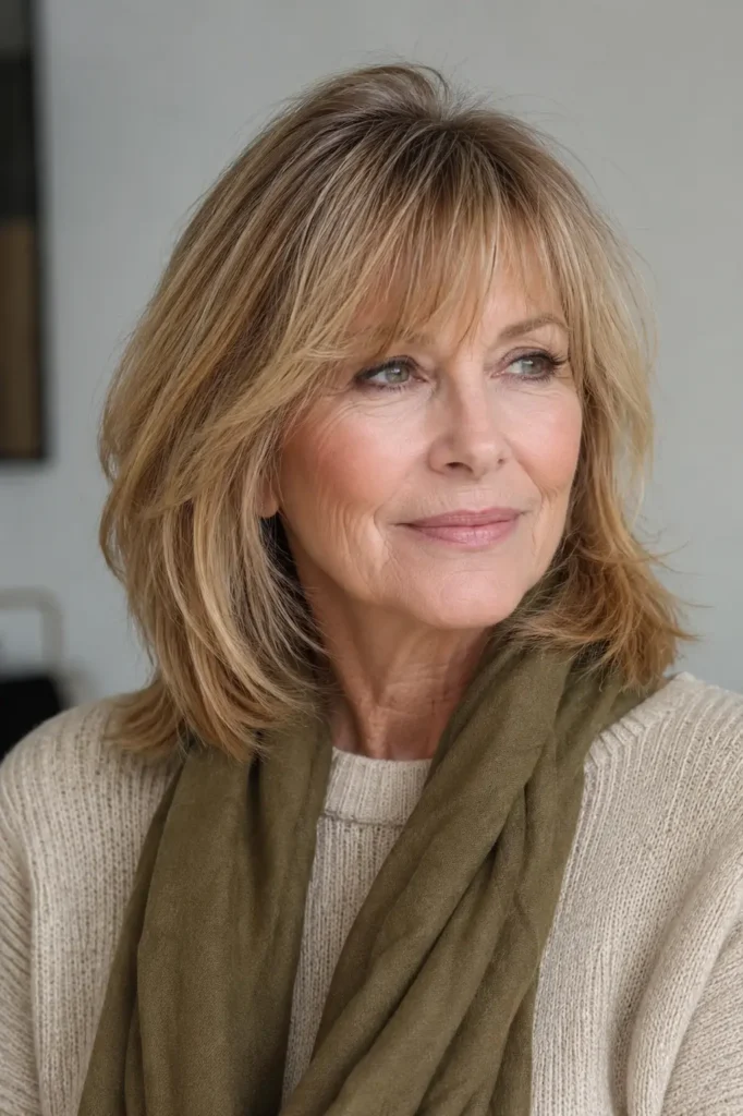 woman around 60 with shoulder-length layered hair, delicate wispy bangs, airy face-framing layers, soft crown volume, and natural movement, shown in a close three-quarter front view with realistic fine hair strands and mature skin texture.