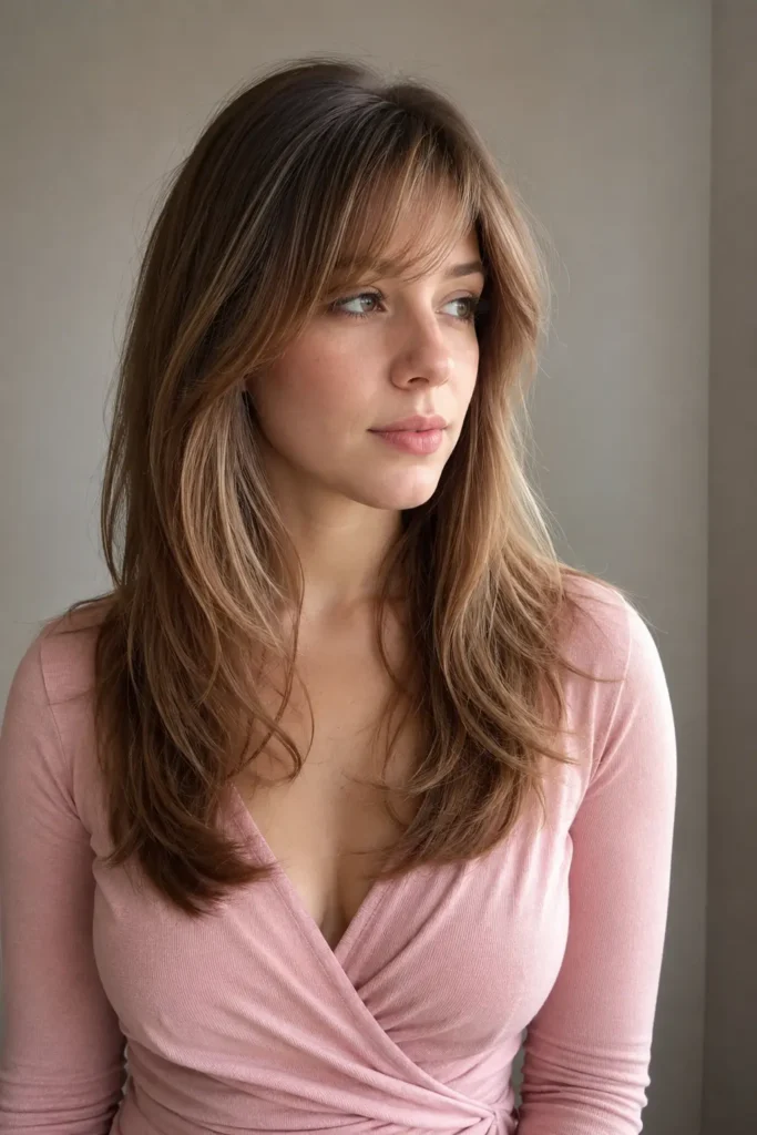 a young white woman with fine light brown hair styled in long, soft side-swept bangs, subtle root volume, and delicate face-framing layers, wearing a modern pink wrap top against a neutral background in natural daylight