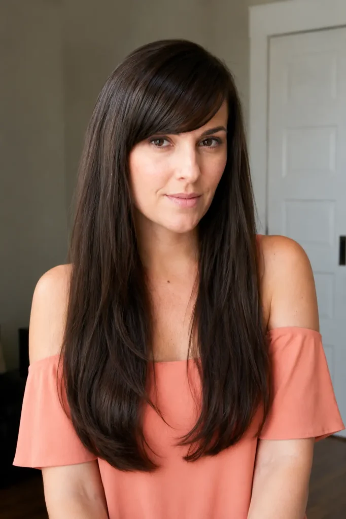 young adult white woman with long sleek straight dark brown hair and smooth side-swept bangs, wearing a peach off-the-shoulder top in soft natural light.