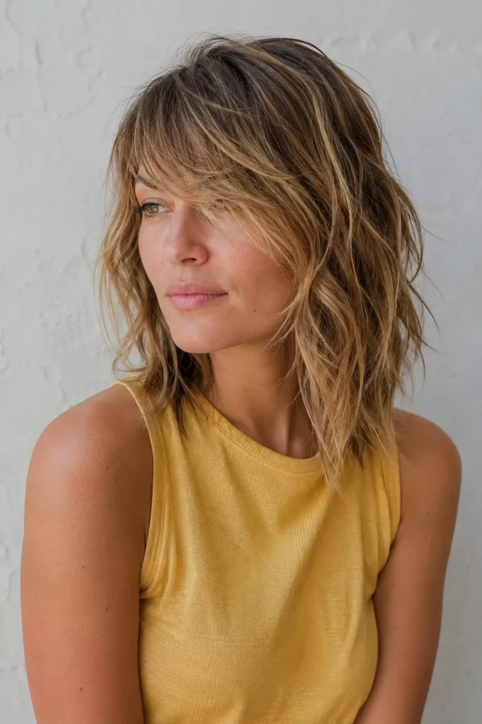 Young woman with tousled medium-length dark blonde hair, soft layers, and relaxed side-swept bangs, wearing a sleeveless yellow top in natural daylight.