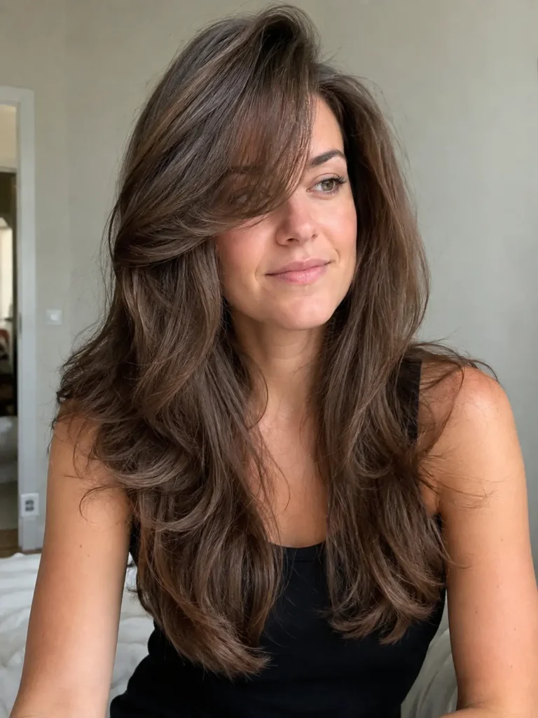 a white woman in her late 20s with long, voluminous brunette hair styled in a polished bouncy blowout with dramatic side-swept bangs, lifted roots, flowing layers, and soft face-framing movement, wearing a black tank top against a neutral background in natural daylight.