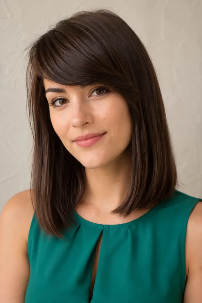 white woman with sleek, straight dark brown shoulder-length hair in a blunt lob, featuring elegant side-swept bangs and smooth face-framing layers, photographed in natural light.