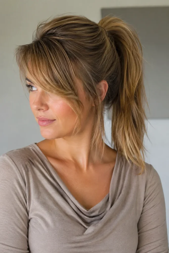 woman with dark blonde hair in a high ponytail and elegant long side-swept bangs, wearing a cowl neck top in natural daylight.