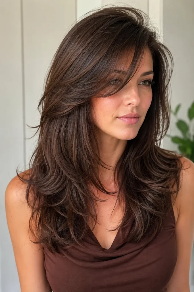woman with long, voluminous medium-brown butterfly layers, sweeping side bangs, feathered face-framing ends, and naturally textured hair, shown in a three-quarter view against a neutral background.