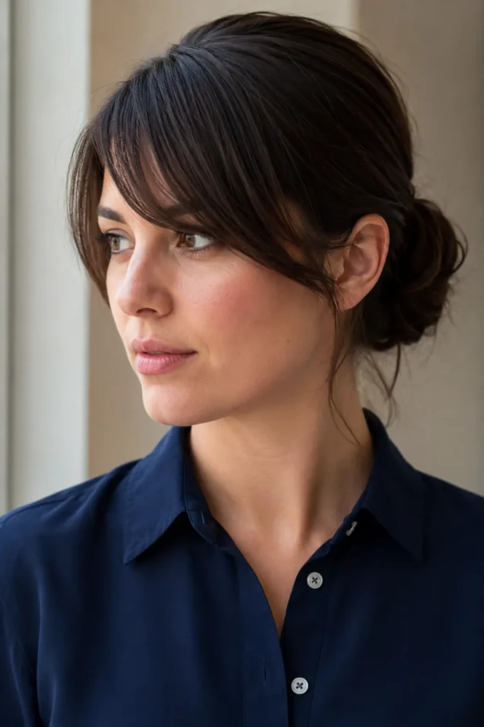 Photorealistic portrait of a white woman with dark brunette hair styled in a sleek low bun and long side-swept bangs framing her forehead and cheekbone, wearing a navy shirt in soft natural light.