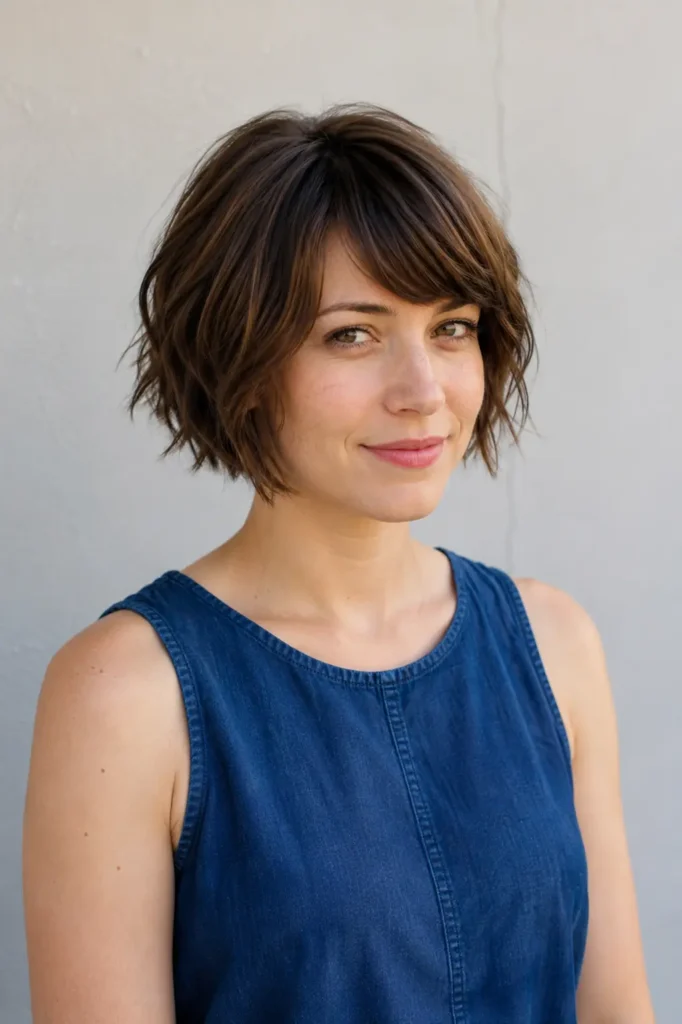 white woman with a chin-length textured medium brown bob and soft side-swept bangs, styled with piecey ends and subtle volume, wearing a blue sleeveless top against a neutral background.