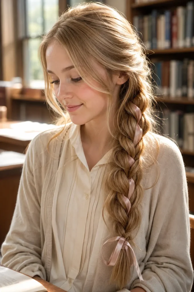 young white girl with a loose side braid woven with a pastel ribbon, wearing an ivory blouse and cardigan in a softly blurred school library with warm natural light.