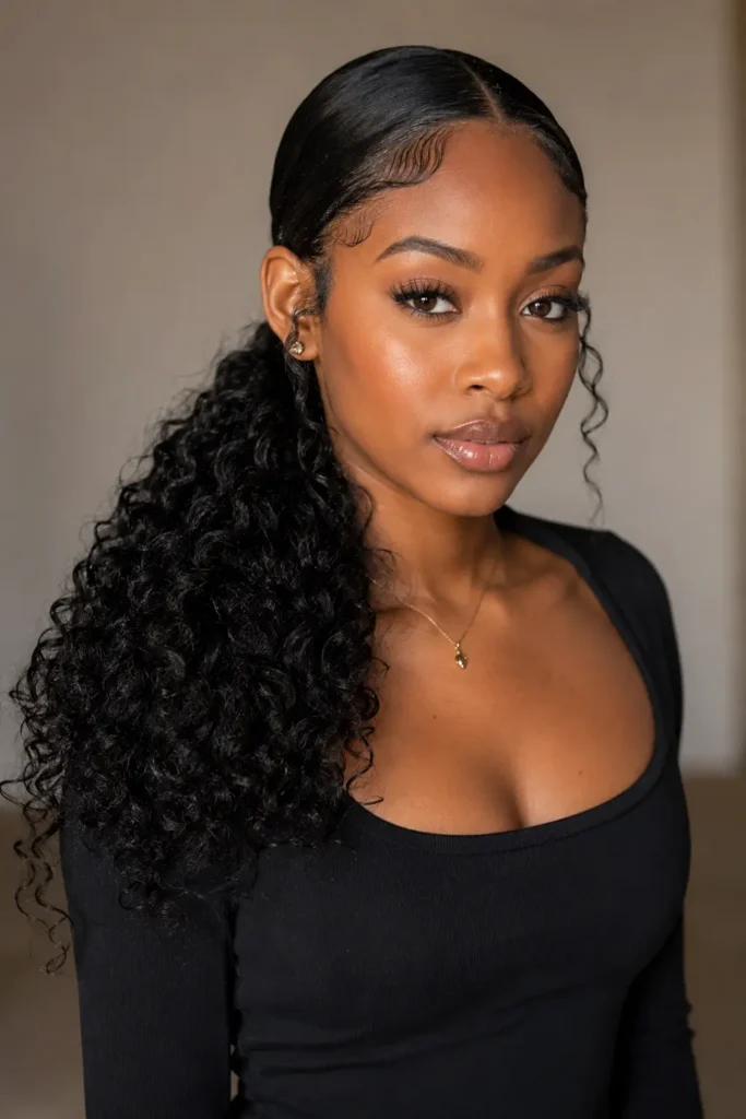 Black woman wearing a side curly ponytail draped over one shoulder with soft defined curls, laid baby hairs, natural skin, and a neutral background in hairstyle-focused editorial photography.