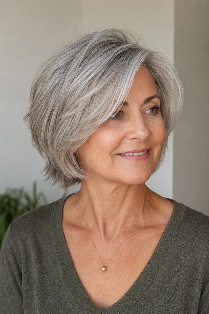 a 66-year-old white woman with a side-parted layered silver-gray bob, soft root lift, blended crown layers, and gently curved ends, shown in three-quarter view with natural skin texture and daylight.