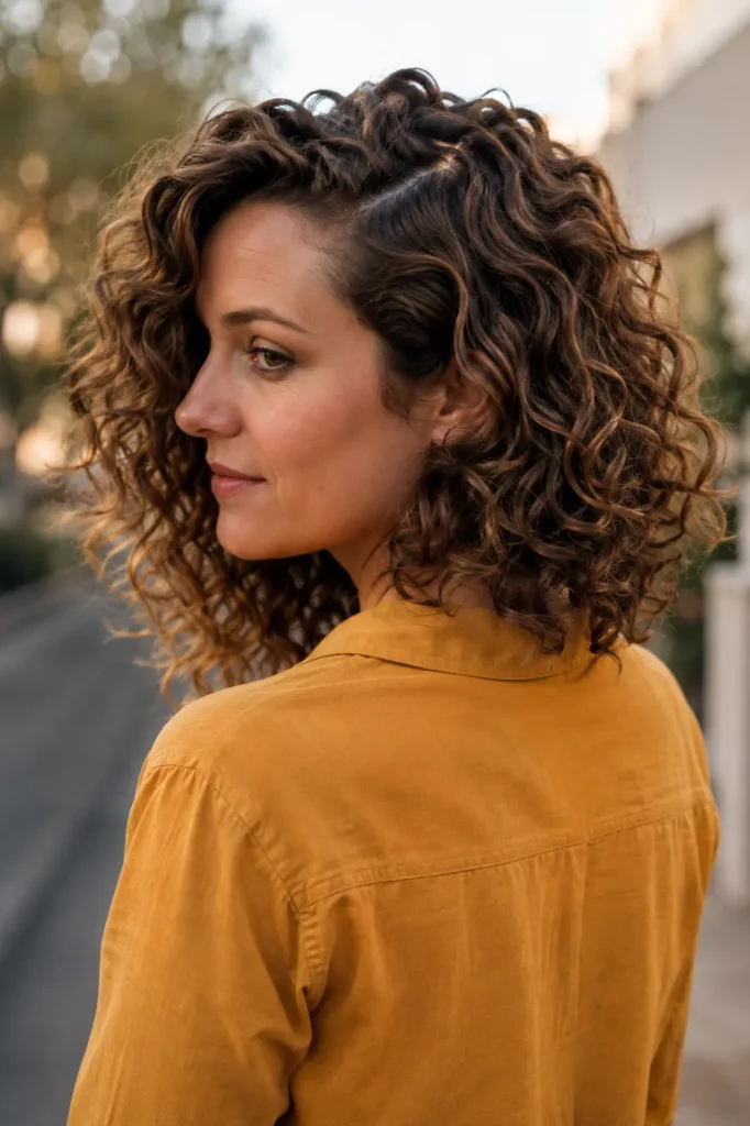 woman in her late 20s with shoulder-length curly hair in a dramatic deep side part, shown from a three-quarter rear view with cascading defined curls and natural hair texture.
