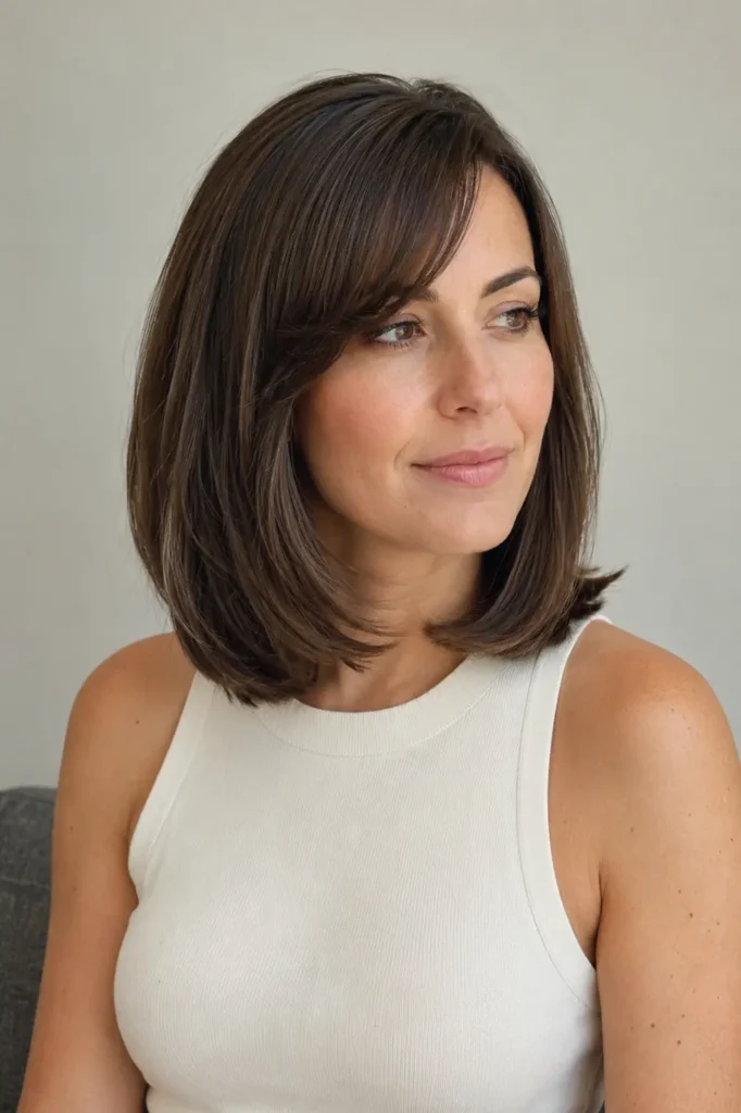 woman in her late 20s with a sleek shoulder-length medium-brown lob haircut and elegant side-swept bangs, softly curved ends, and seamless face-framing fringe, shown in a three-quarter front view with natural skin texture and realistic individual hair strands, wearing a simple cream sleeveless top against a neutral background.
