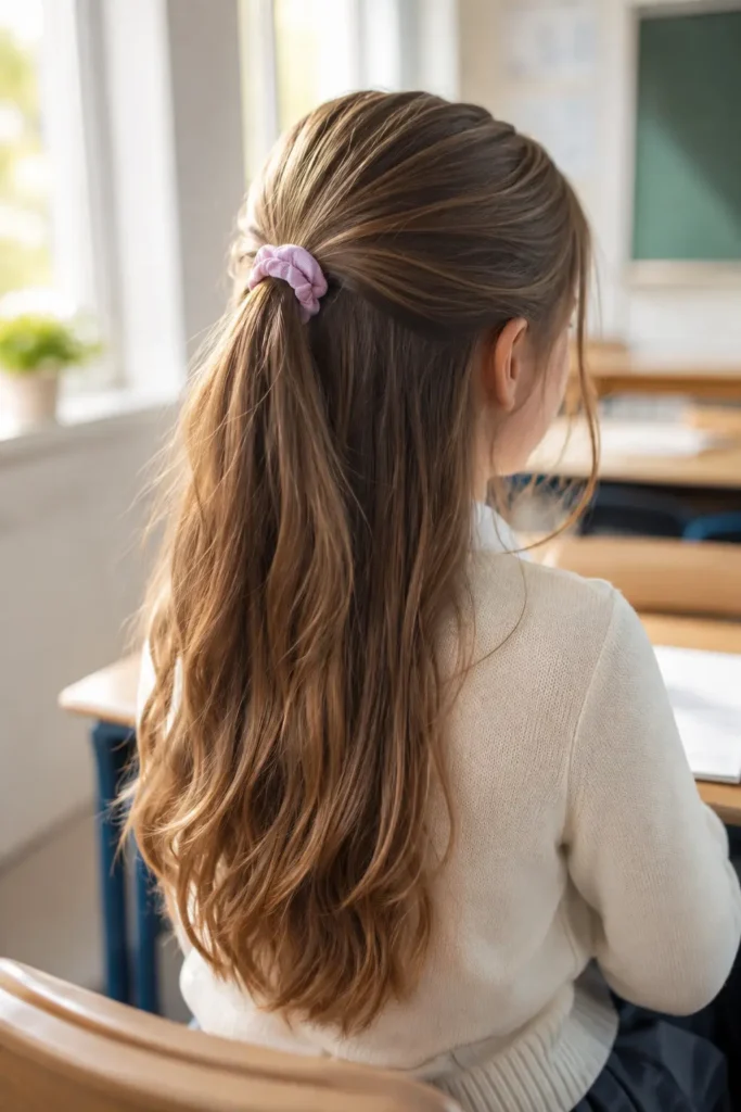 Young white girl with a simple half-up ponytail secured by a pastel scrunchie, soft natural waves cascading down her back, wearing a cream school sweater in a softly blurred, sunlit classroom with realistic hair texture as the main focus.