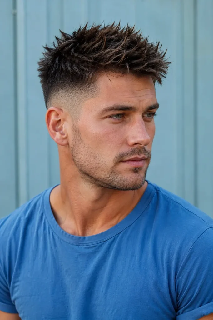 Photorealistic white man with a skin taper and textured spiky haircut, wearing a sky blue shirt in natural daylight.