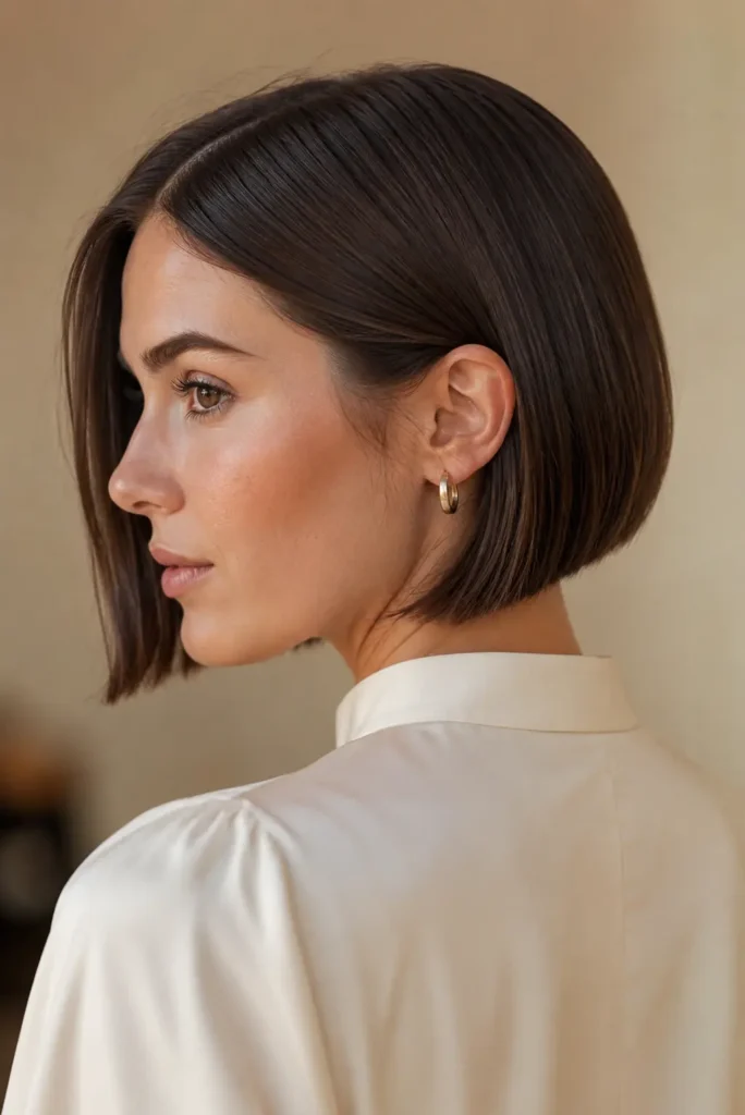 white woman in her late 20s with a sleek ear-length dark brown bob, center part, glossy straight hair, clean ends, and one side tucked behind her ear, shown from a three-quarter side-rear angle in a cream blouse with soft natural daylight.