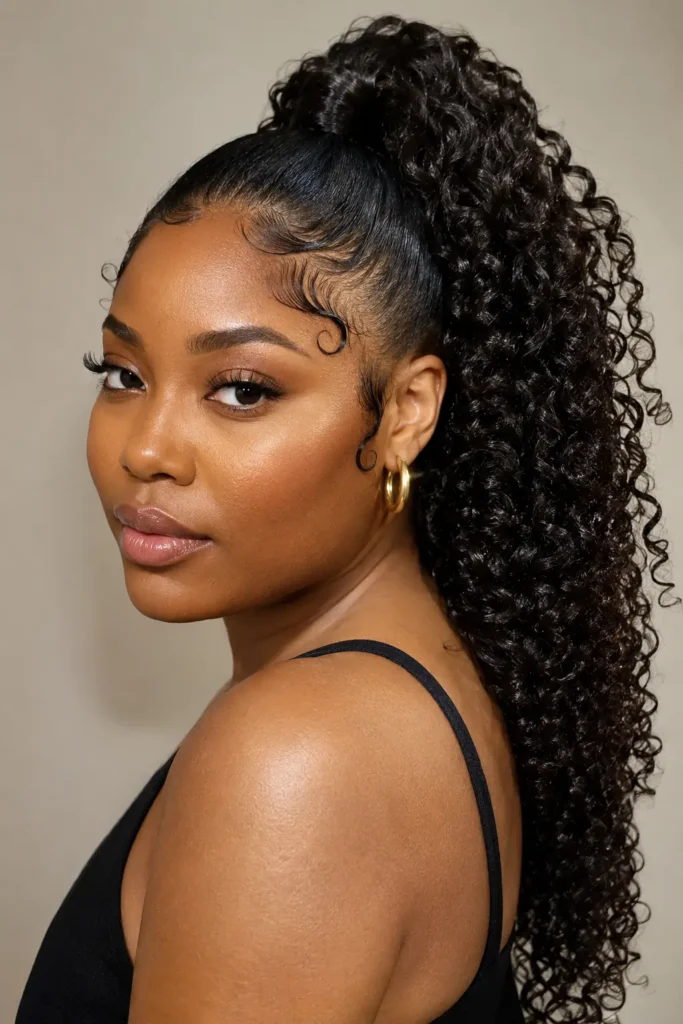 a Black woman with a sleek high curly ponytail featuring glossy defined ringlets, laid baby hairs, natural makeup, and gold hoop earrings against a neutral background.