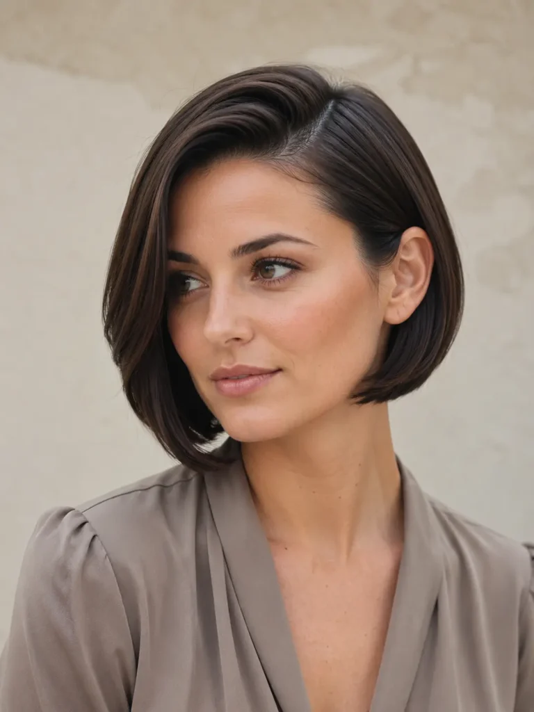 woman in her late 20s with sleek short dark brown bob hair, dramatic deep side part, glossy smooth texture, and one side tucked behind the ear, wearing a taupe blouse in soft natural daylight against a neutral background.