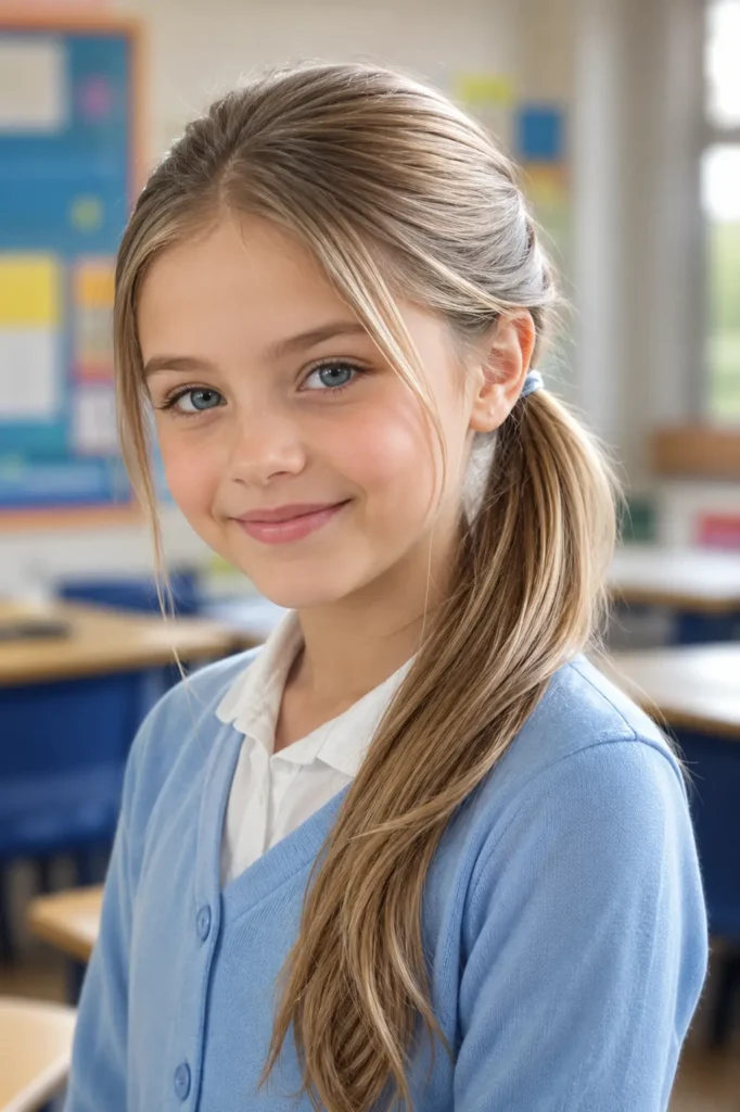 Young white girl with a sleek side ponytail, wearing a pastel blue school cardigan in a bright classroom.