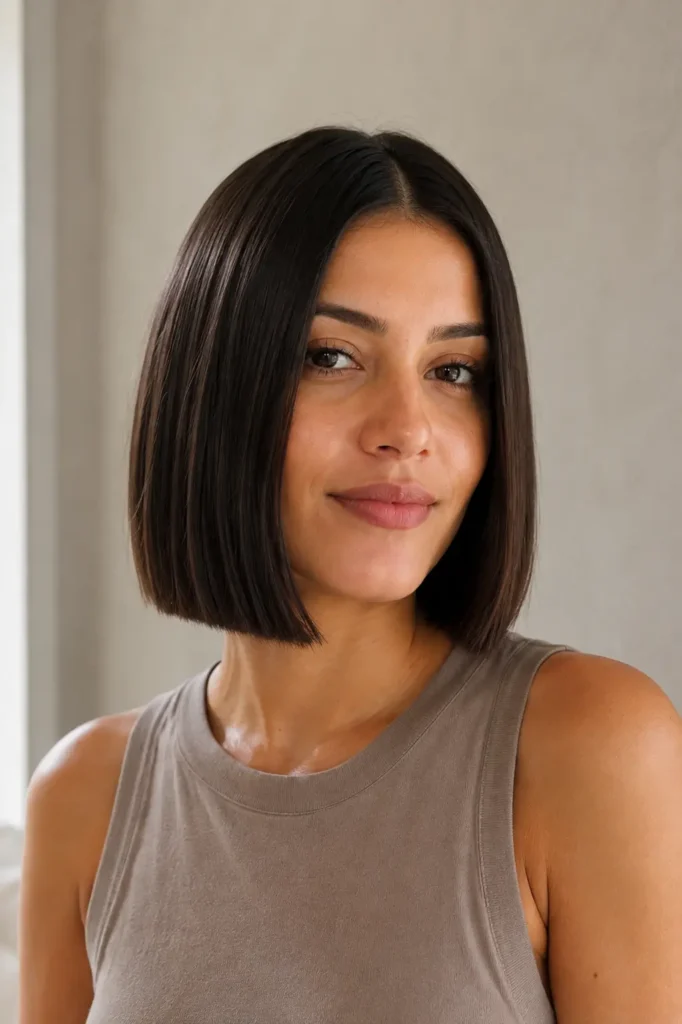 Sleek chin-length straight bob with a precise center part