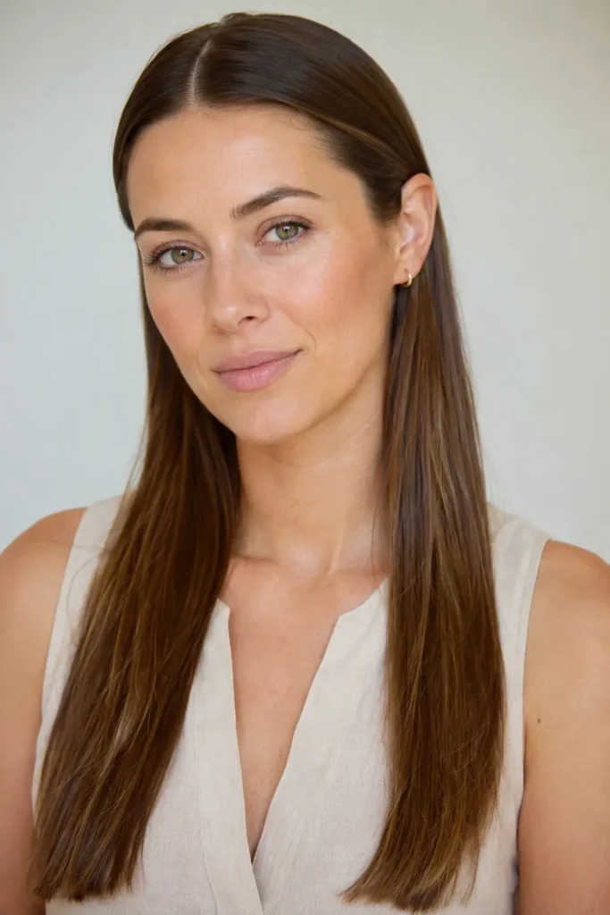 Sleek long straight hair tucked neatly behind both ears