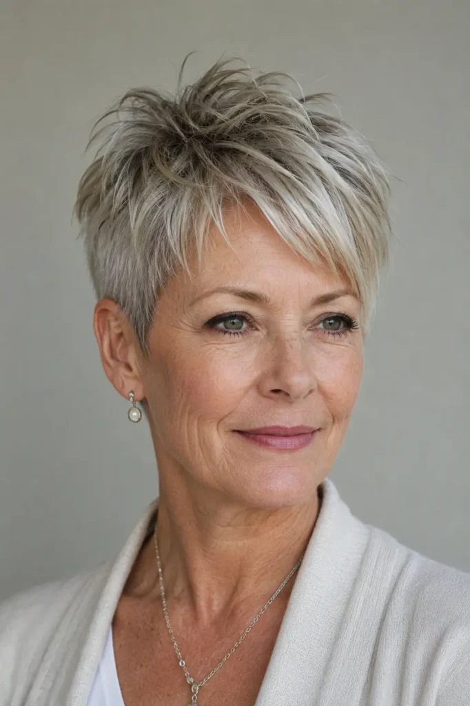 Sleek-to-choppy modern pixie haircut on a real woman over 50, featuring smoothly tapered sides, textured irregular crown layers, and dimensional silver-blonde strands.