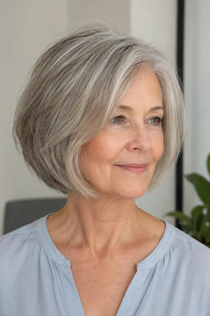 Soft layered chin-length Layered Bob Hairstyles for Women Over 60 with natural silver-gray hair and subtle volume.