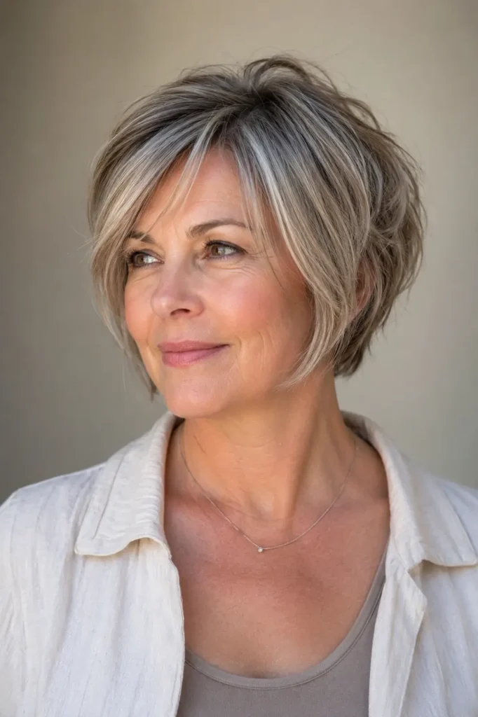 woman in her late 50s with a soft layered pixie bob for thin hair, featuring a lifted crown and longer face-framing sections, natural texture, realistic mature skin and individual hair strands, photographed from a three-quarter front angle in natural daylight.
